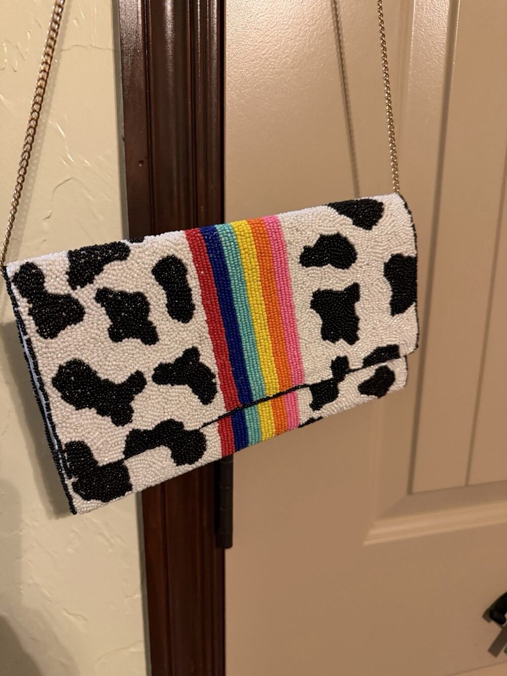 Fun Small Purse Cow Print Beaded with Rainbow Gold Chain Strap